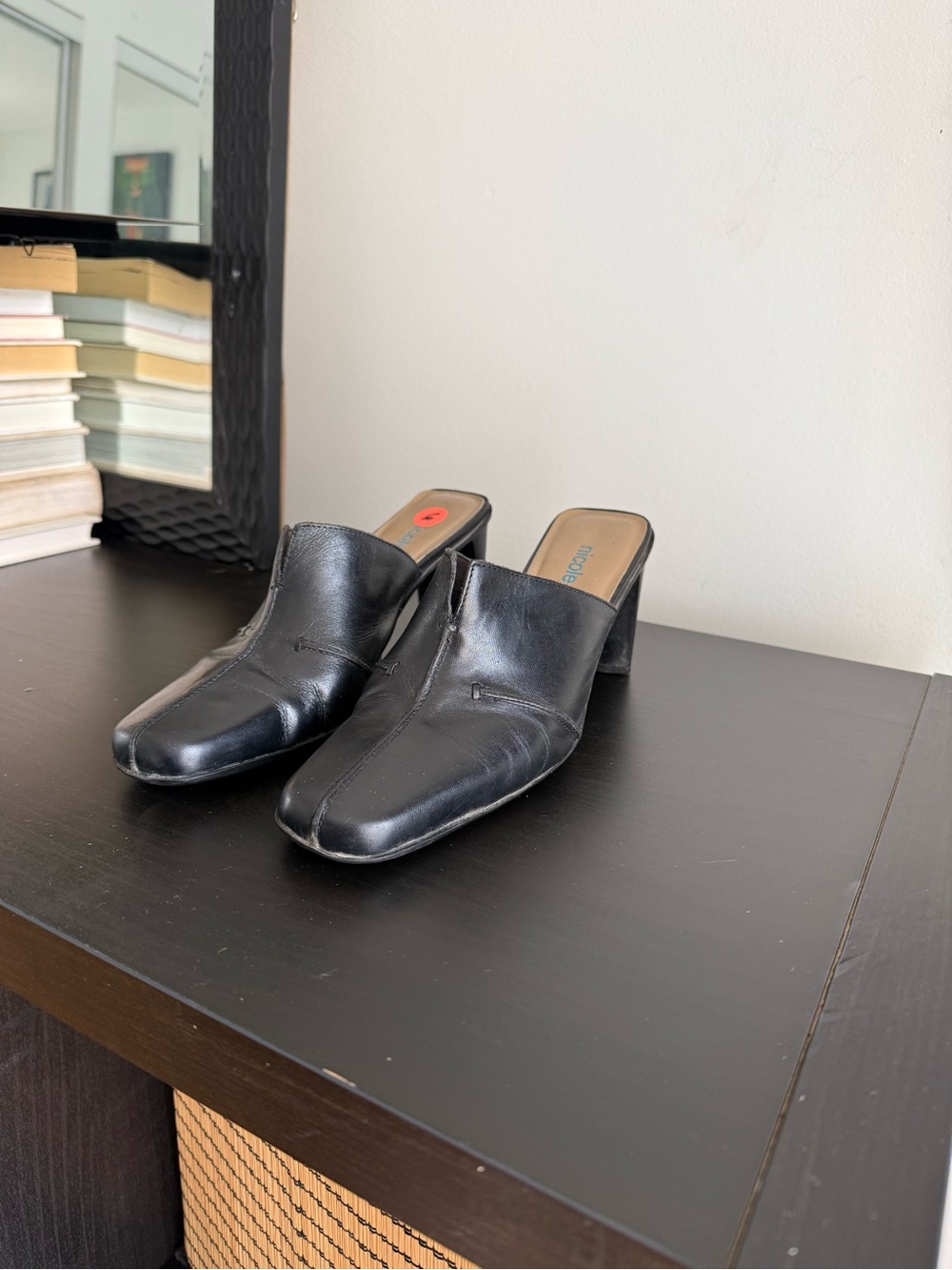 Nicole Black Leather Slip-On Mules with Block Heel